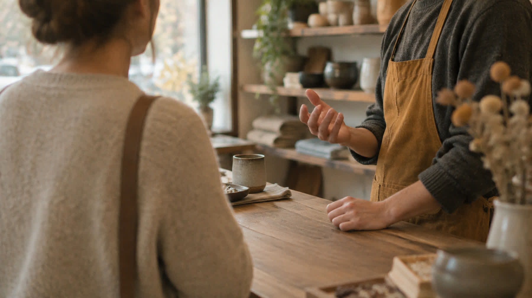 Two people talking across a shop counter
