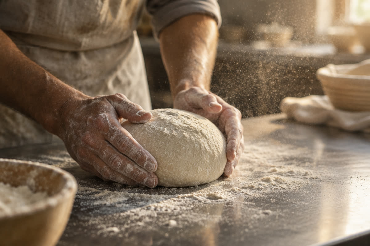 Floury hands shaping a round of bread dough