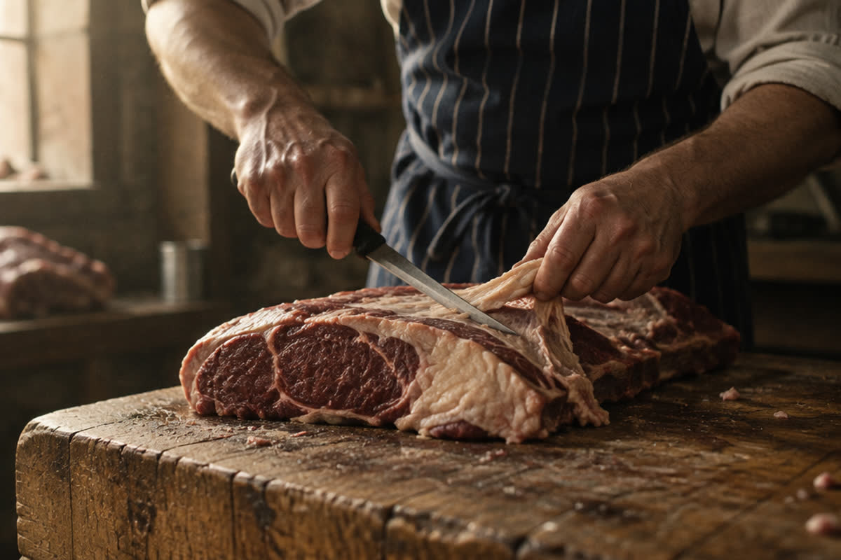 A butcher trimming a cut of beef on a wooden block