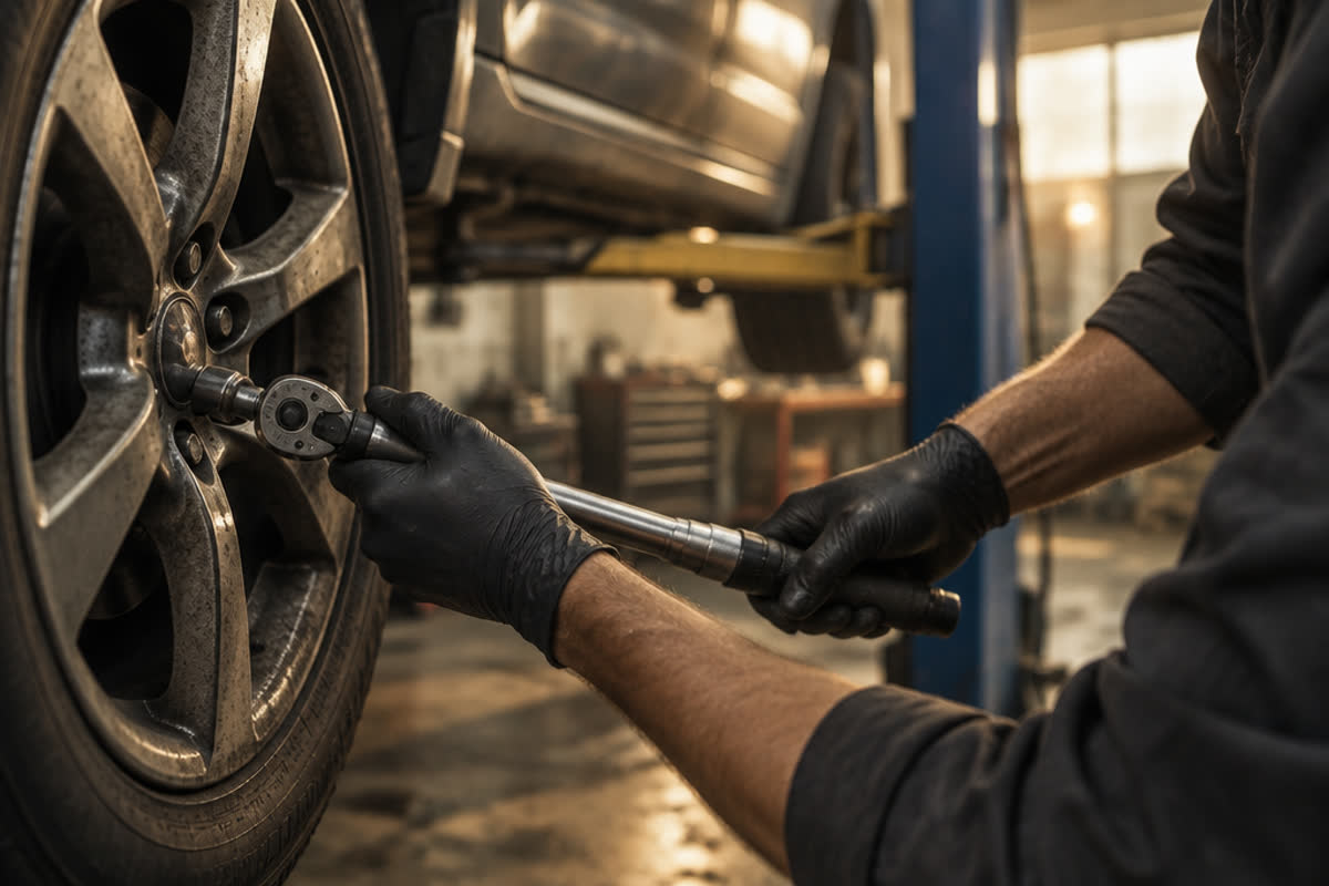A mechanic fitting a torque wrench to an alloy wheel