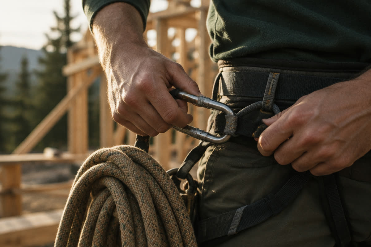 Hands clipping a carabiner onto a climbing harness